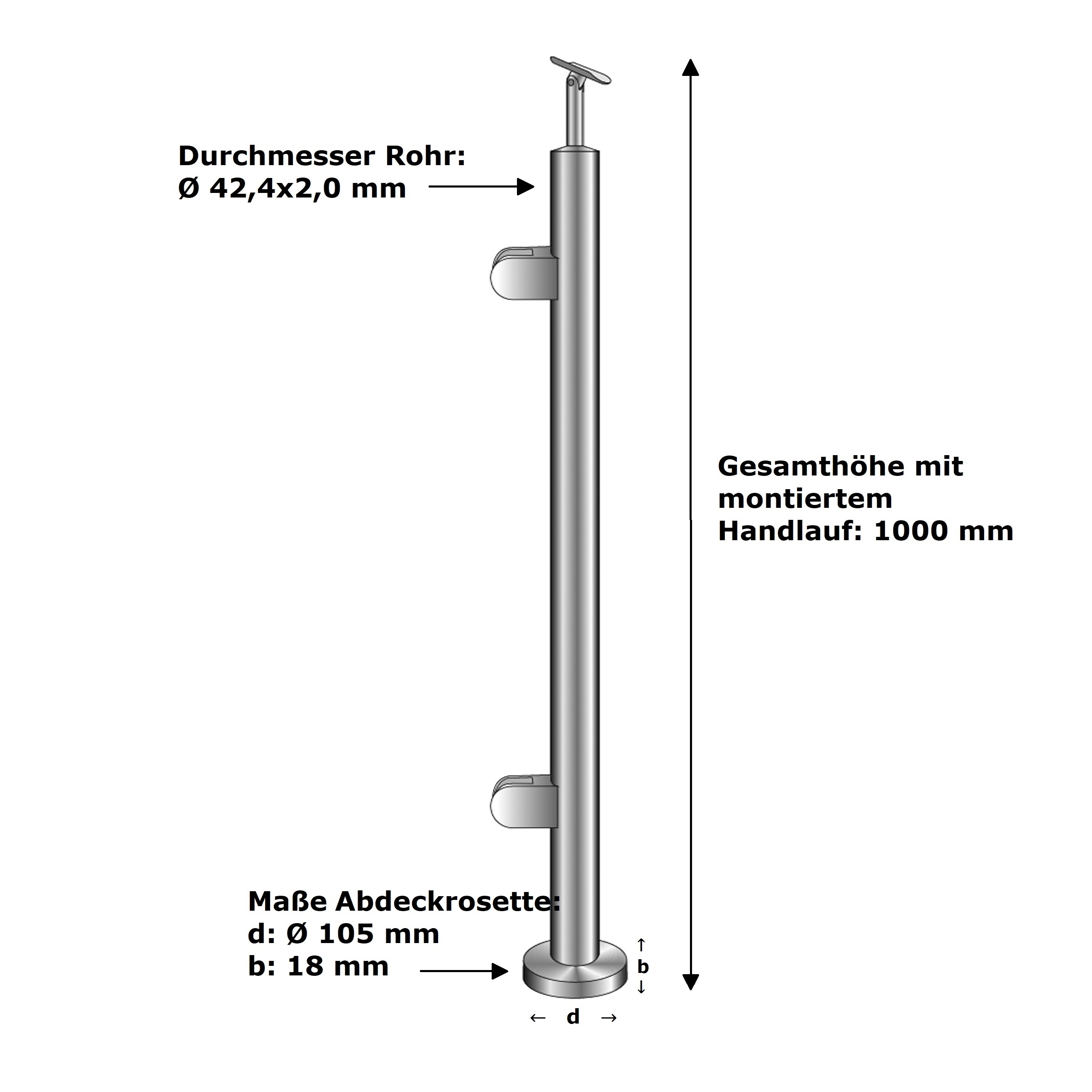 Gelaenderpfosten V2A 1000 mm fuer 8-76 mm Glas Endpfosten links geschliffen Aufmontage-14-0040RG-A.4