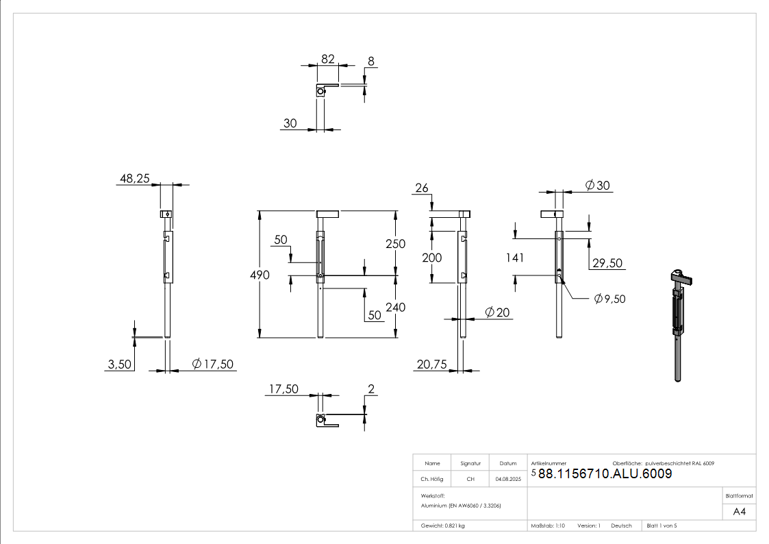 Bodenriegel mit Laenge 490mm- zum Anschrauben- RAL 6009 tannengruen-88-1156710-ALU.6009