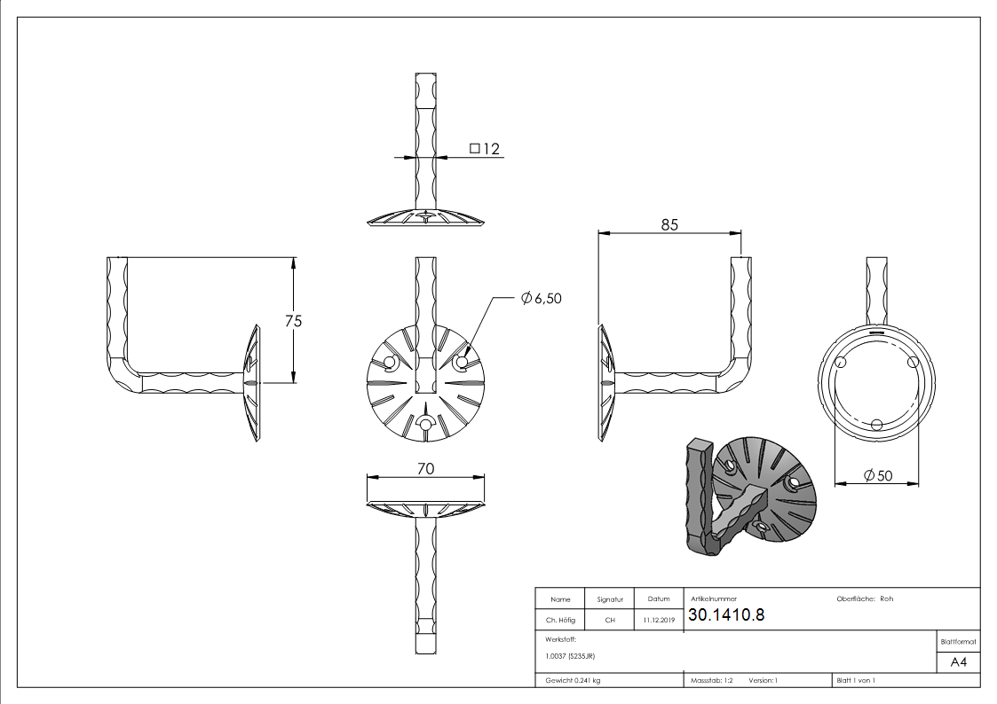 Handlaufhalter - mit Ronde 70x4 mm - zum Anschweissen - Stahl S235JR- roh-30-1410.8