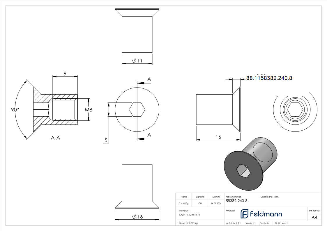 Huelsenmutter mit Senkkopf und ISK- M8x16- V2A-88-1158382-240.8