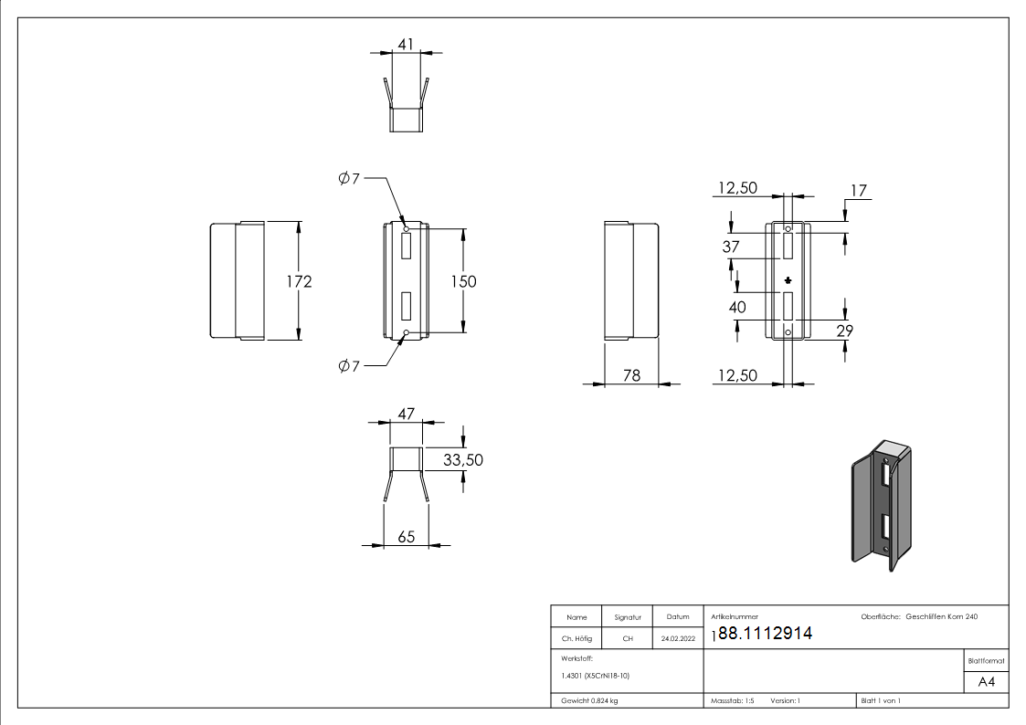 Gegenkasten fr Schiebetore Edelstahl V2A 40 mm Breite-88.1112914