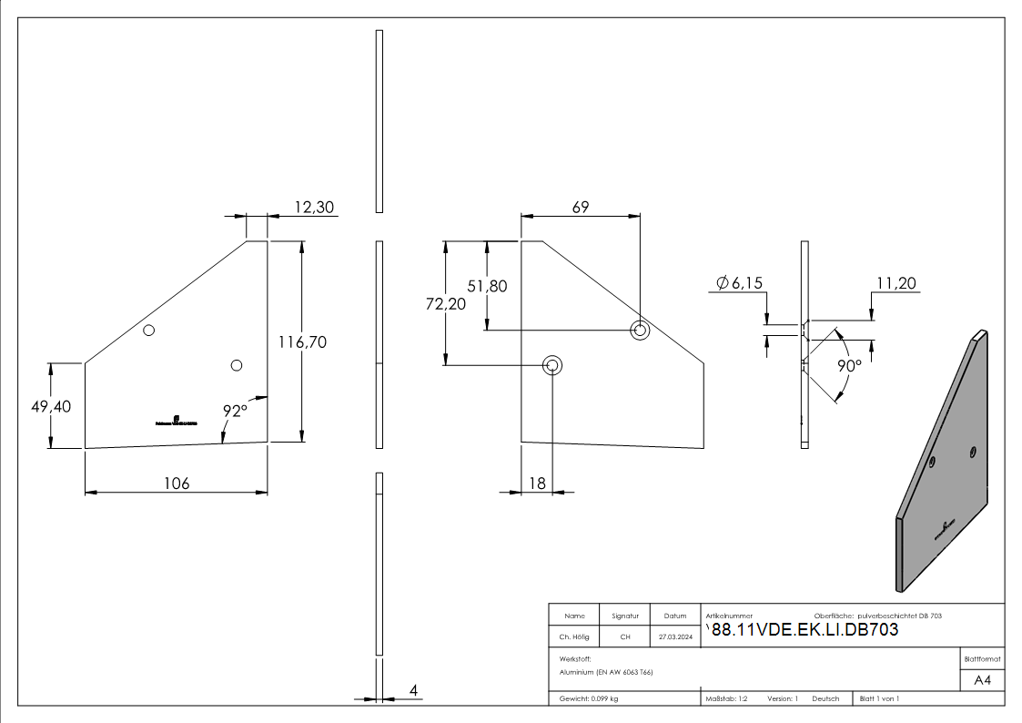 Endkappe Aluminium fuer eleganza canopy links pulverbeschichtet DB703-88-11VDE-EK-LI.DB703