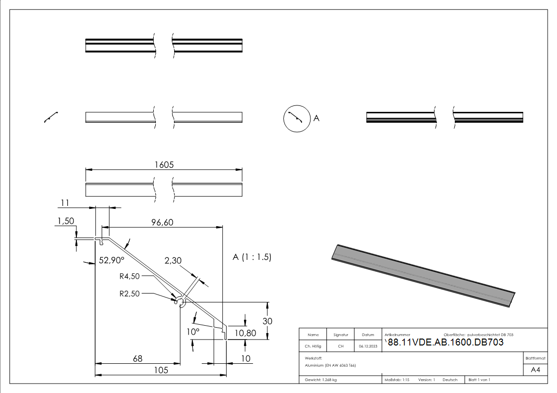Design-Abdeckung Aluminium L = 1605 mm pulverbeschichtet DB703 fuer Vordach-88-11VDE-AB-1600.DB703