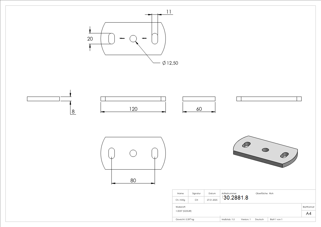 Ankerplatte 120x60x8 mm 3 Bohrungen -  Stahl roh-30-2881.8