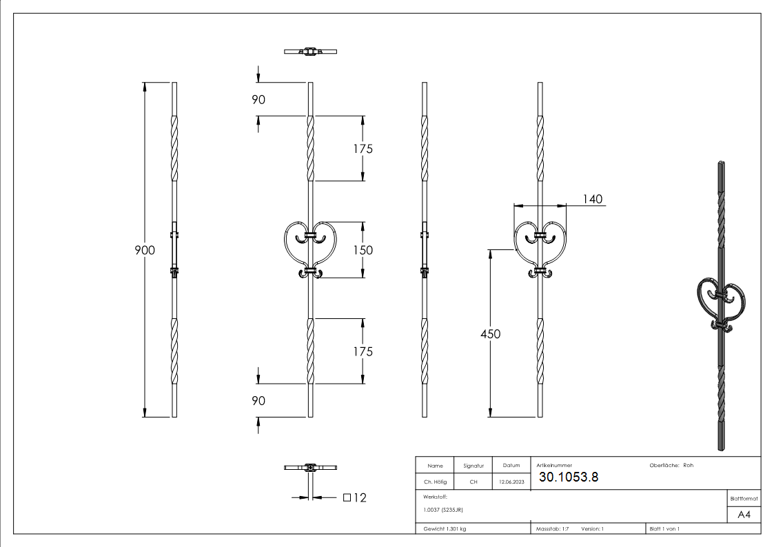 Zierstab - Laenge- 900 mm - Material- 12x12 mm - glatt - Stahl -Roh- S235JR-30-1053.8