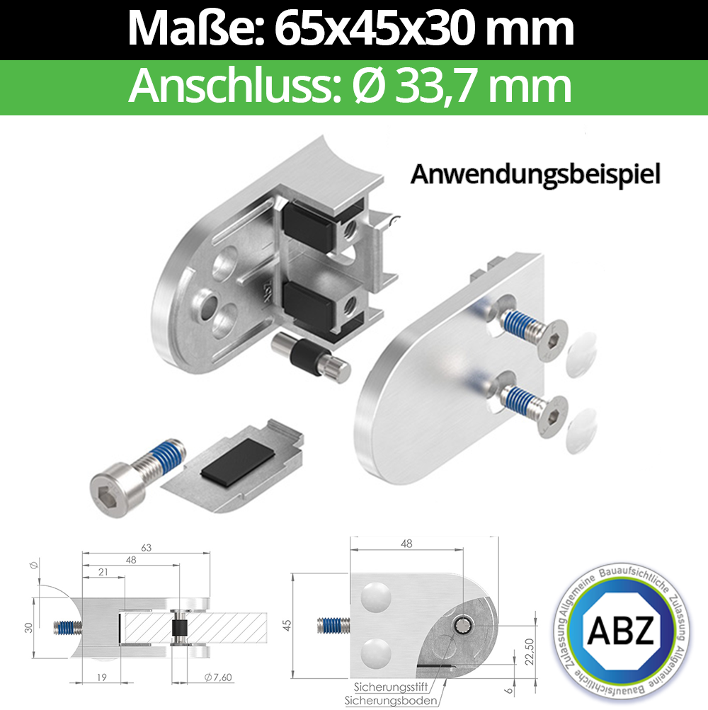 Glasklemme AbZ 63x45x30 mm Ø 33-7 mm- fuer 10-76 mm VSG Glas- Nein - Ohne Sicherungsstift- Nein - Ohne Sicherungsboden-10-MODELL38-33-11-1.1