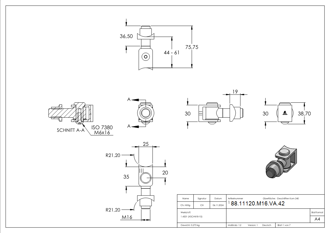 Torband mit Gewindehuelse M16 fuer Rohr 42-4mm- V2A-88-11120-M16-VA.42
