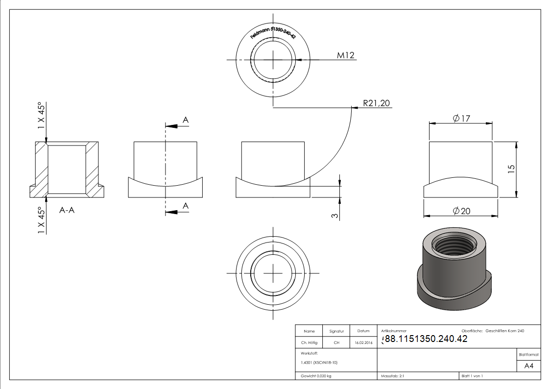 Gewindehuelse Edelstahl V2A fuer Rohr Ø 42-4 mm Gewinde M12 geschliffen Korn 240-88-1151350-240.42