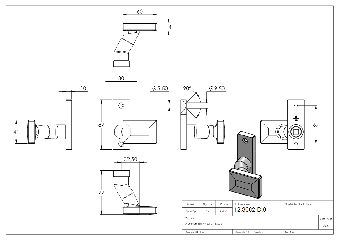 Alu-Tuerdruecker - gekroepft - drehbar - Aluminium EV1-12-3062-D.6