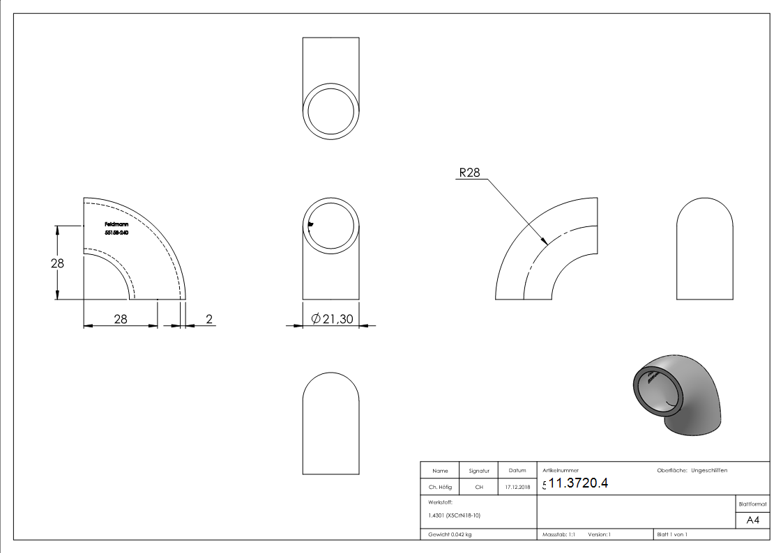 Bogen 90° zum Schweissen fuer Rundrohr- Ø 21-3 mm V2A- Bauart 3-11-3720.4