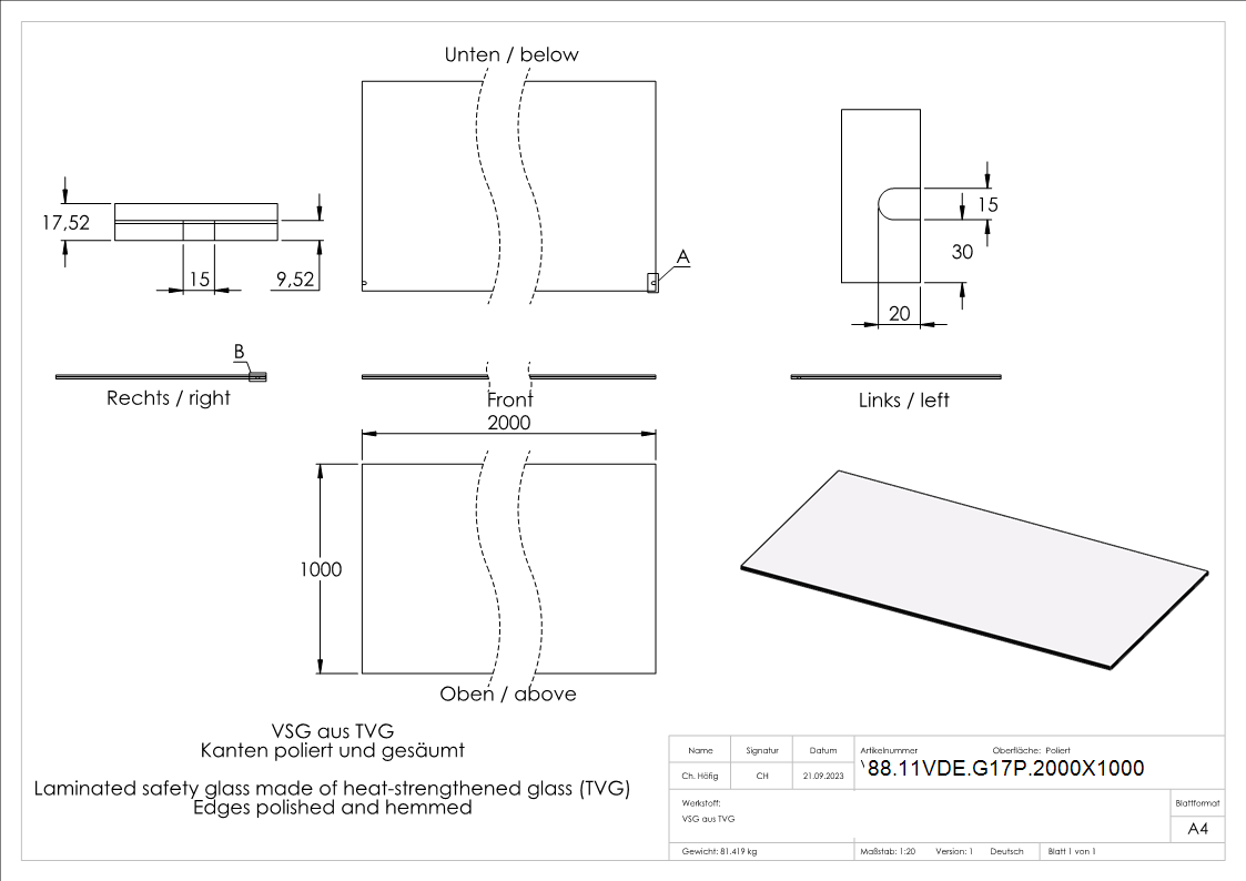 Eleganza canopy Glas- 2000x1000mm VSG aus 2x8mm TVG mit 1-52mm PVB-88-11VDE-G17P.2000X1000