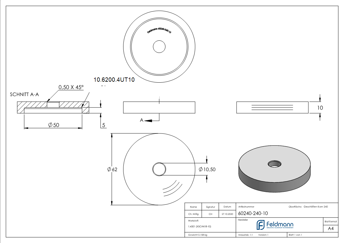 Glaspunkthalter-Unterteil Ø 62 mm- V2A- Hoehe- 10 mm-10-6200.4UT10