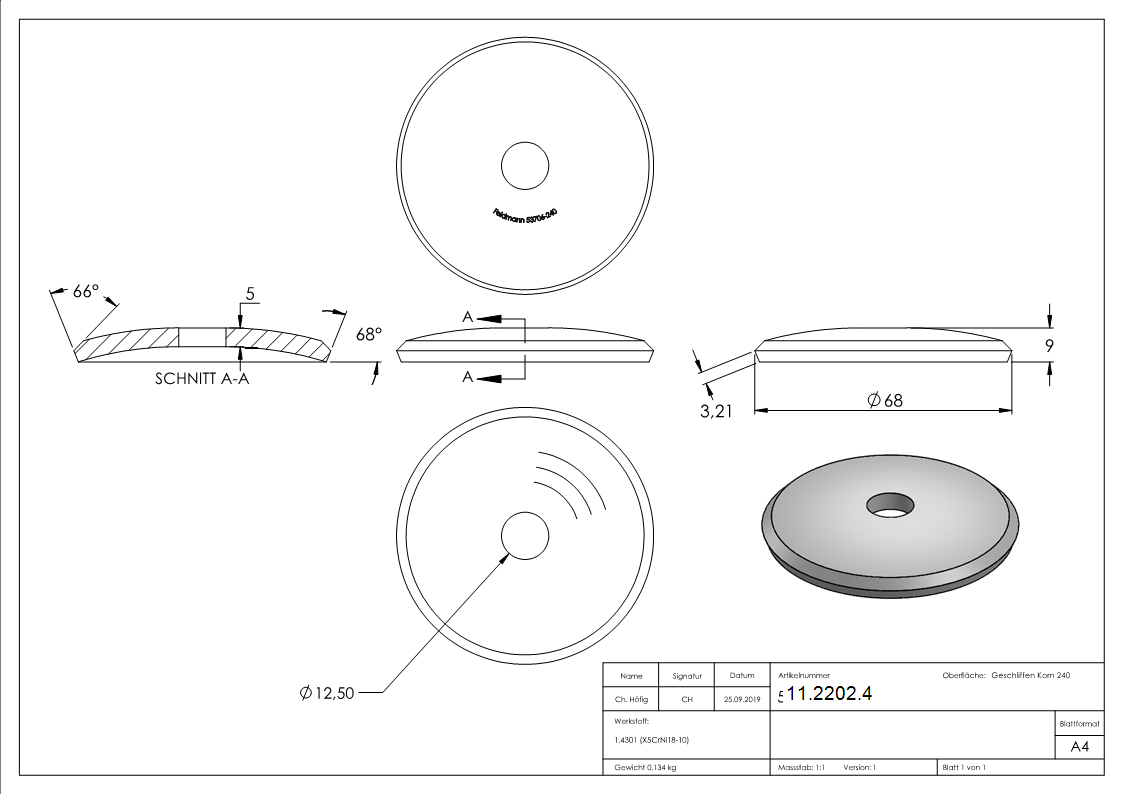 Ankerplatte Ø 70 x 5 mm gewoelbt mit Zentrierbohrung- Ø 10 mm V2A-11-2202.4