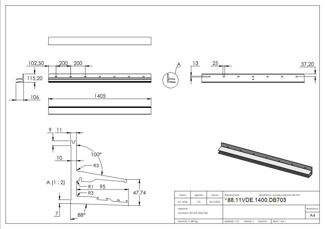 Vordachprofil eleganza canopy- L- 1405mm- DB703-88-11VDE-1400.DB703