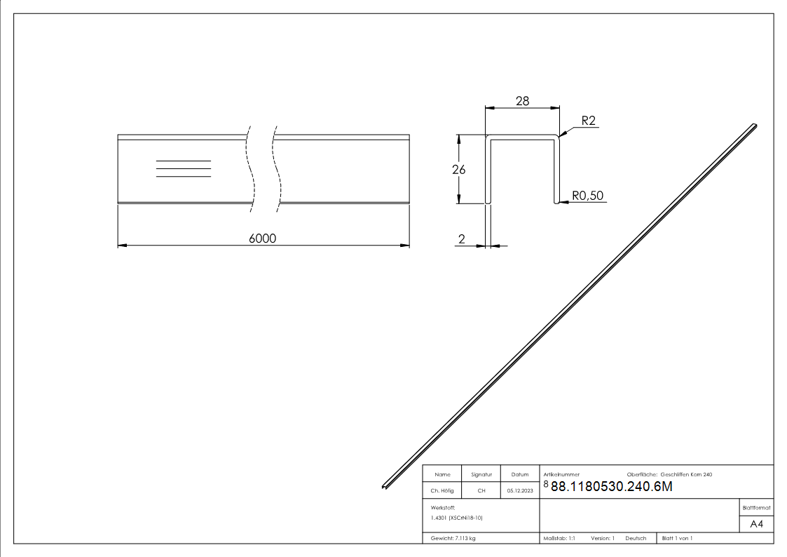 U-Profil Edelstahl V2A 28x26x2 mm L=6000 mm geschliffen Korn 240 fuer Glas 8-21-52 mm-88-1180530-240.6M