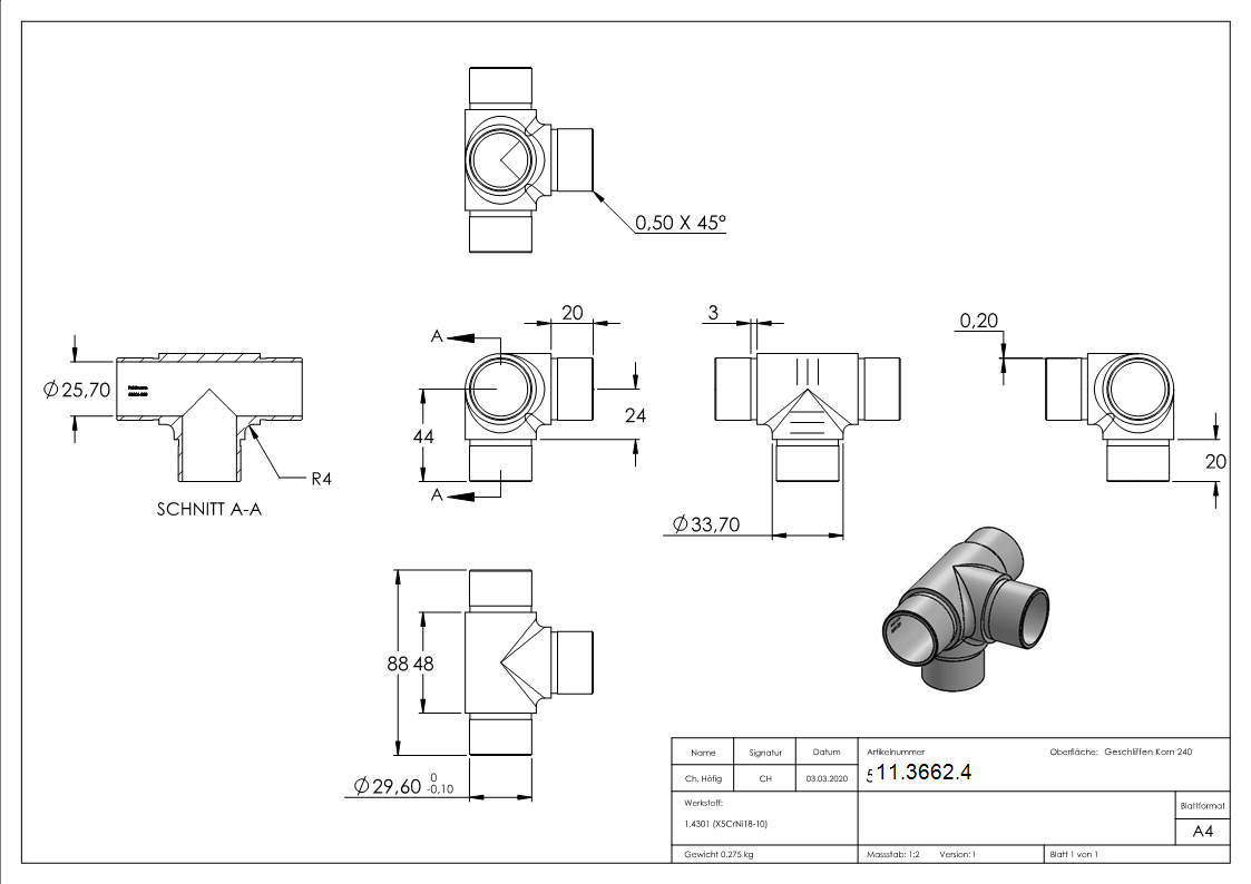 T-Stueck V2A Ø 33-7 mm 2-0 mm Wandstaerke zum Stecken-11-3662.4