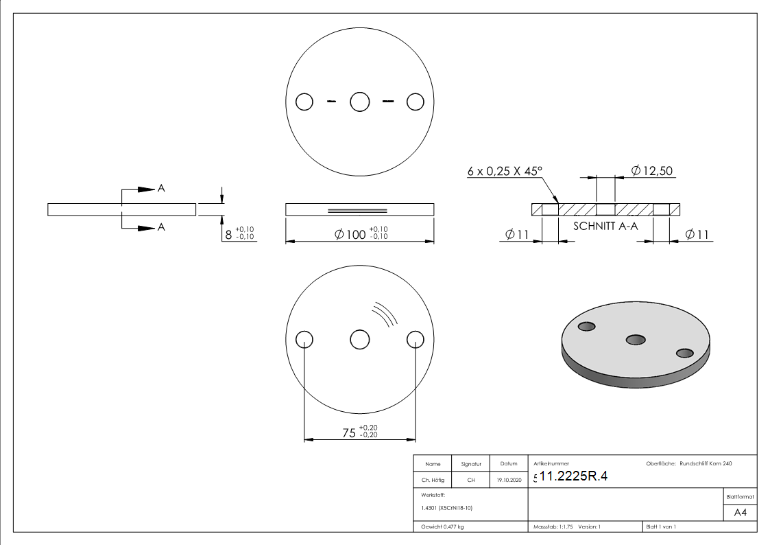 Ankerplatte Ø 100 x 8 mm mit Zentrierbohrung- Ø 12-5 mm V2A-11-2225R.4