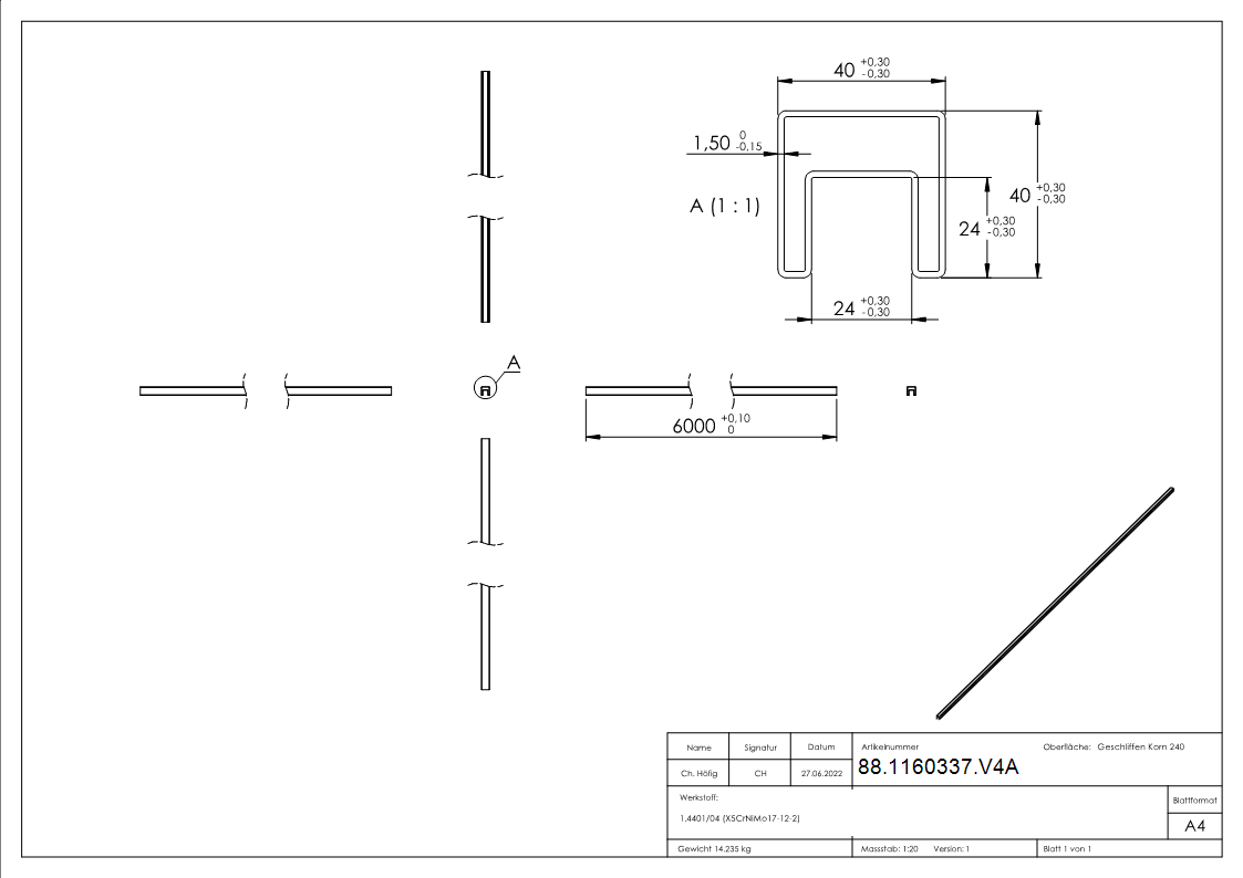 Quadratnutrohr- 40 x 40 x 1-5 mm- Laenge- 6000mm Edelstahl-88-1160337.V4A