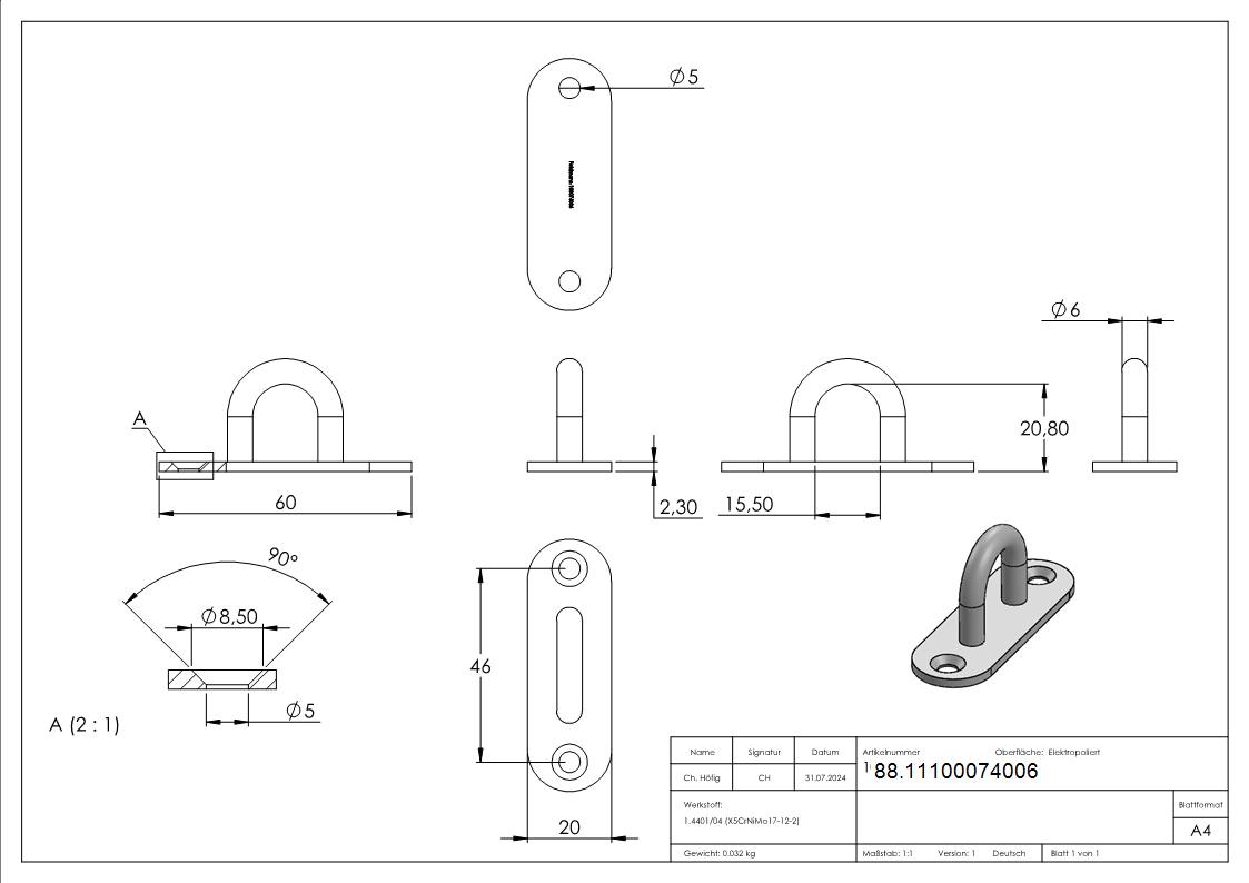 Befestigungsoese Edelstahl V4A 6 mm Rundeisen ovale Platte 2 Bohrungen-88.11100074006