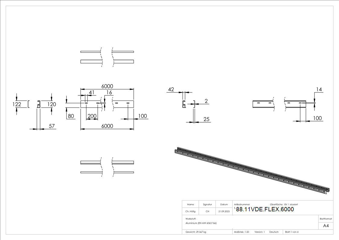 FLEX-MOUNT PRO Profil-Set 6000mm fuer eleganza canopy Vordach-88-11VDE-FLEX.6000