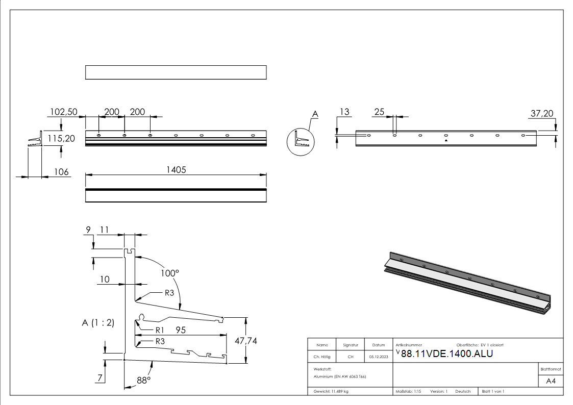 Vordachprofil Aluminium L = 1405 mm eloxiert E4-EV1-88-11VDE-1400.ALU