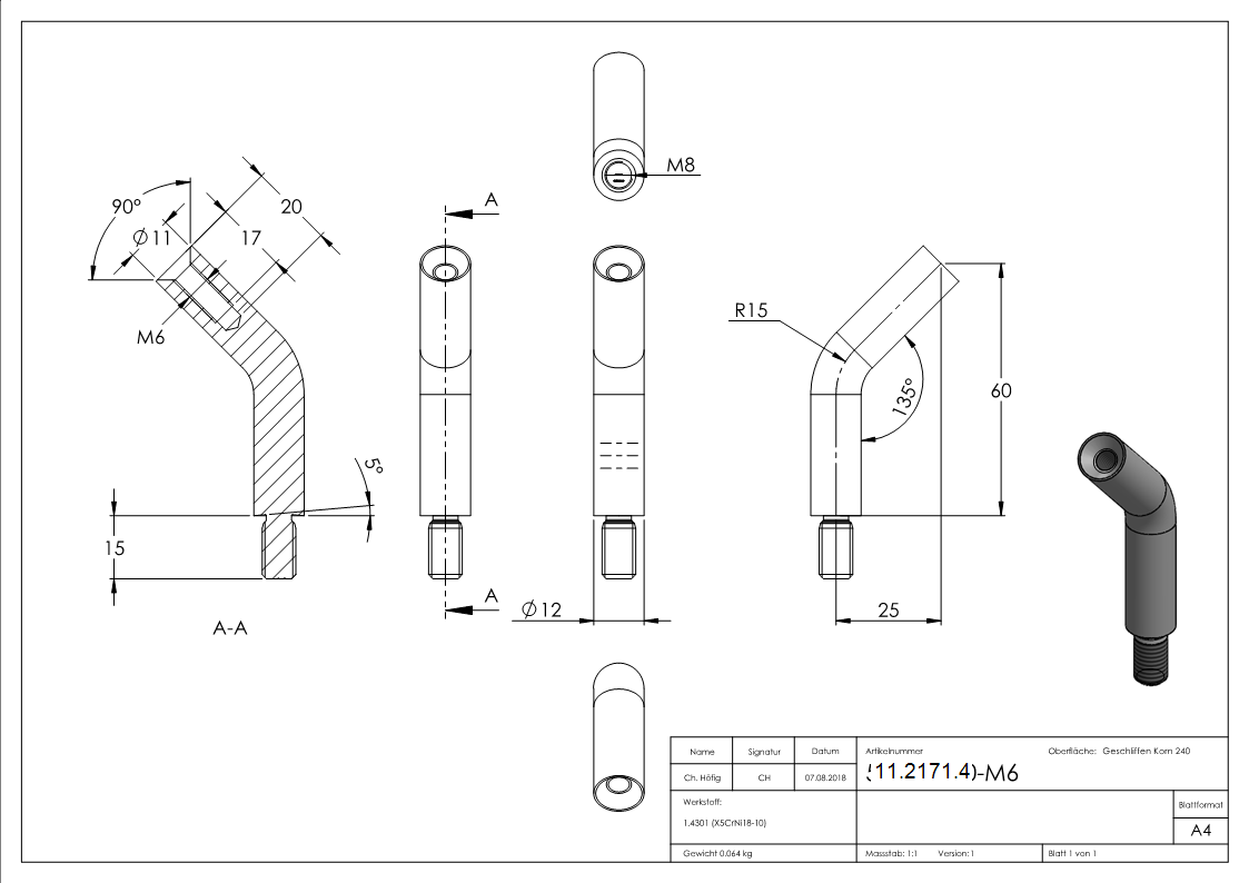 Traegerstift 135° gebogen Ø 12 x 60 mm - mit Aussen- - Innengewinde -V2A-11-2171.4