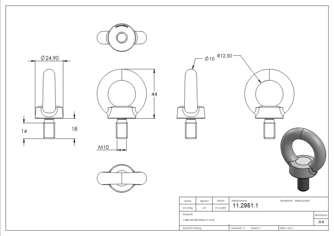 Augenbolzen mit M10 Gewinde V4A-11-2951.1