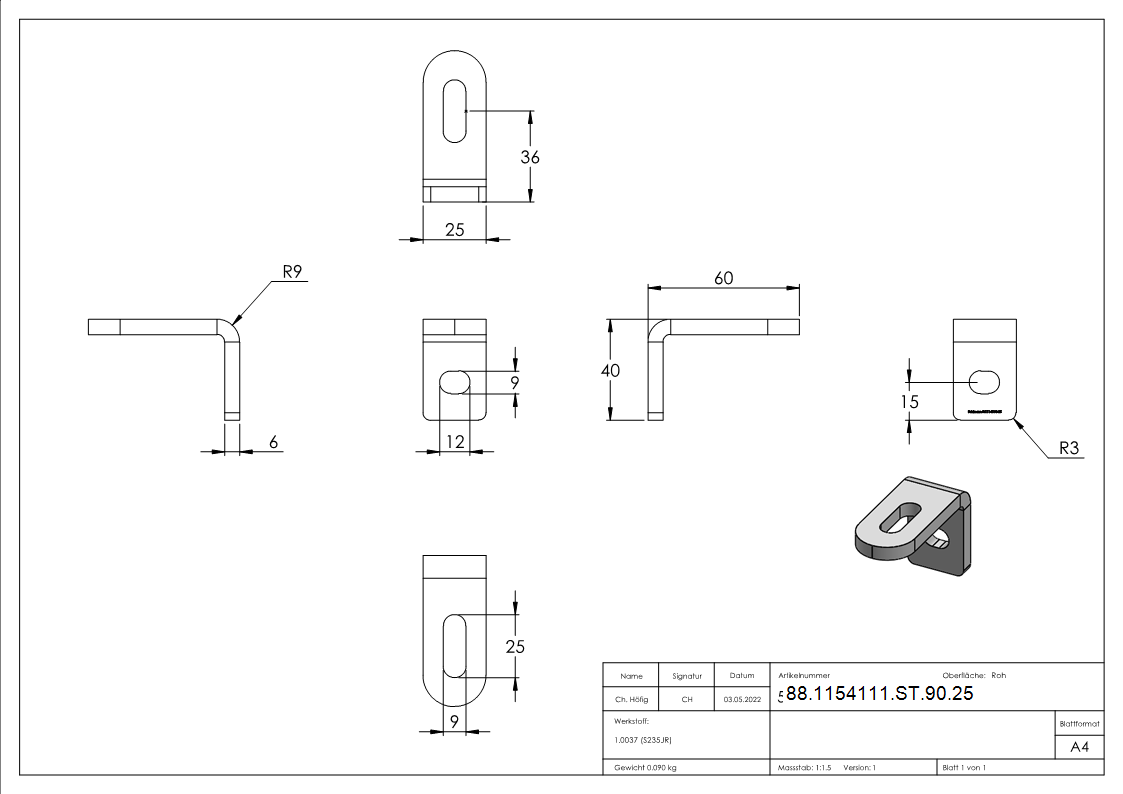 Winkel-Anschweisslasche Stahl S235 60x40x25x6 mm mit Langloechern-88-1154111-ST-90.25