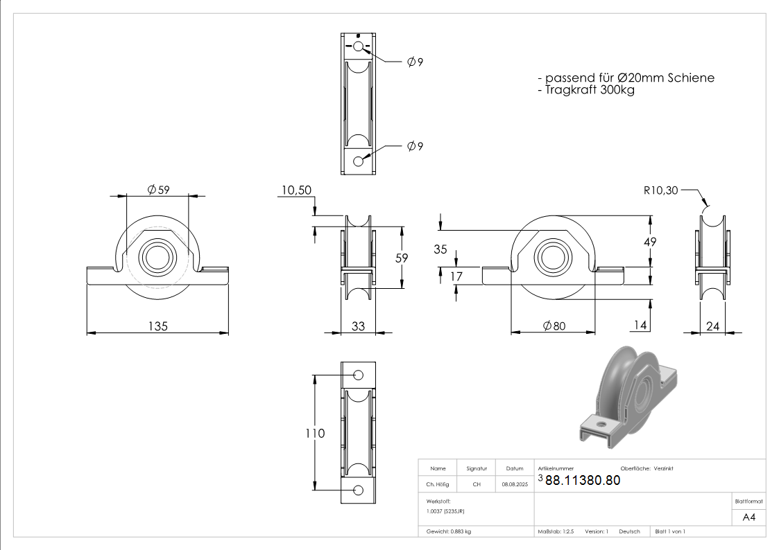 Schiebetorrolle Stahl verzinkt  80 mm fr Schiene  20 mm 2 Kugellager-88-11380.80