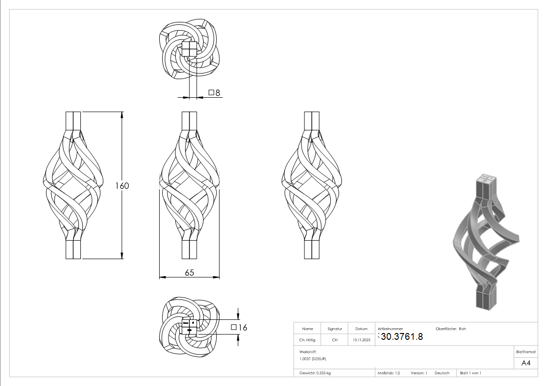 Zirbel - Masse- 160x65 mm - Material- 8x8 mm - Stahl -Roh- S235JR-30-3761.8