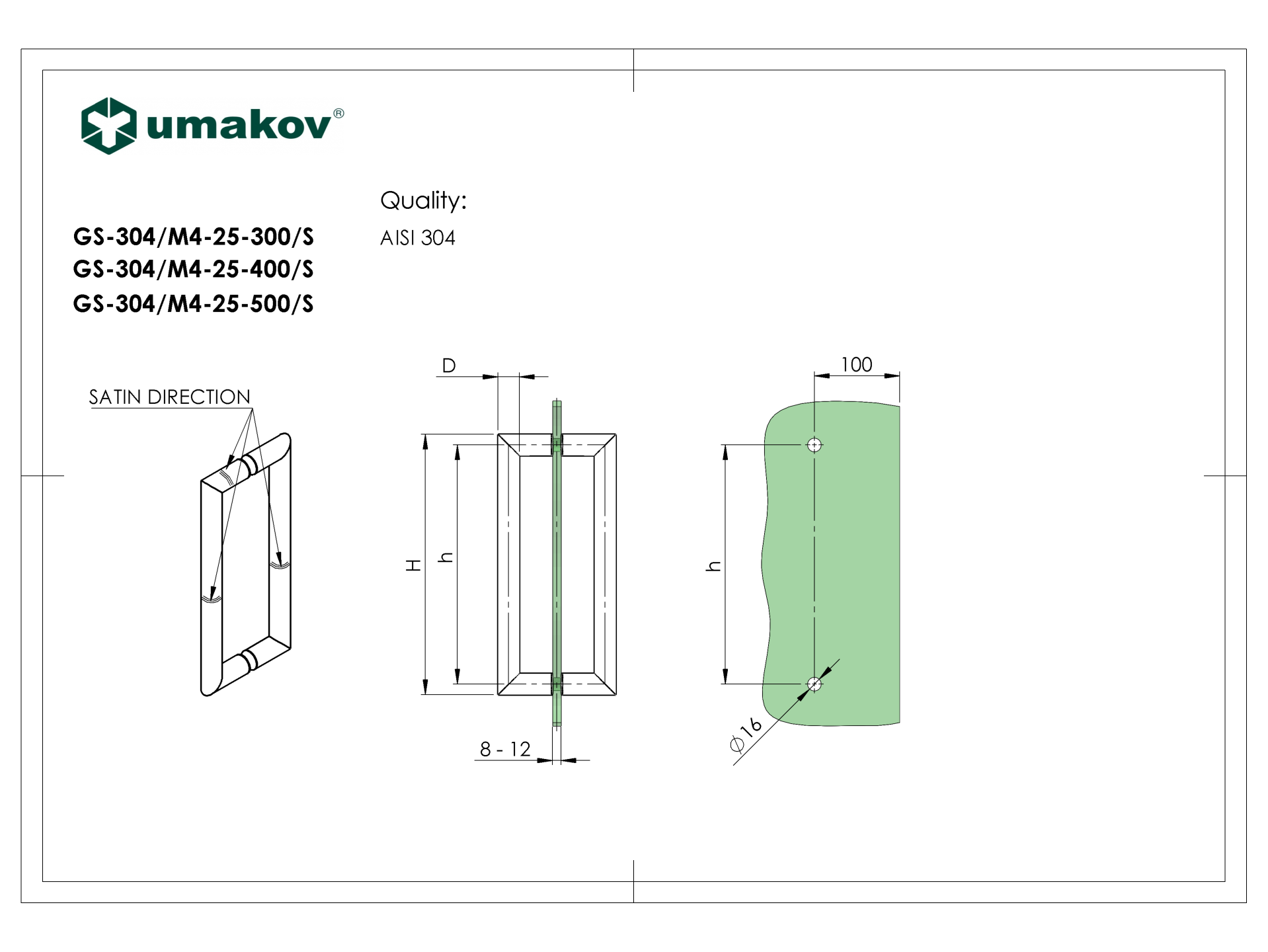 Edelstahl Stangengriff fuer Glastueren- Ø 25 mm- Achsmass 500 mm-89-11GS304M425500S-A.4