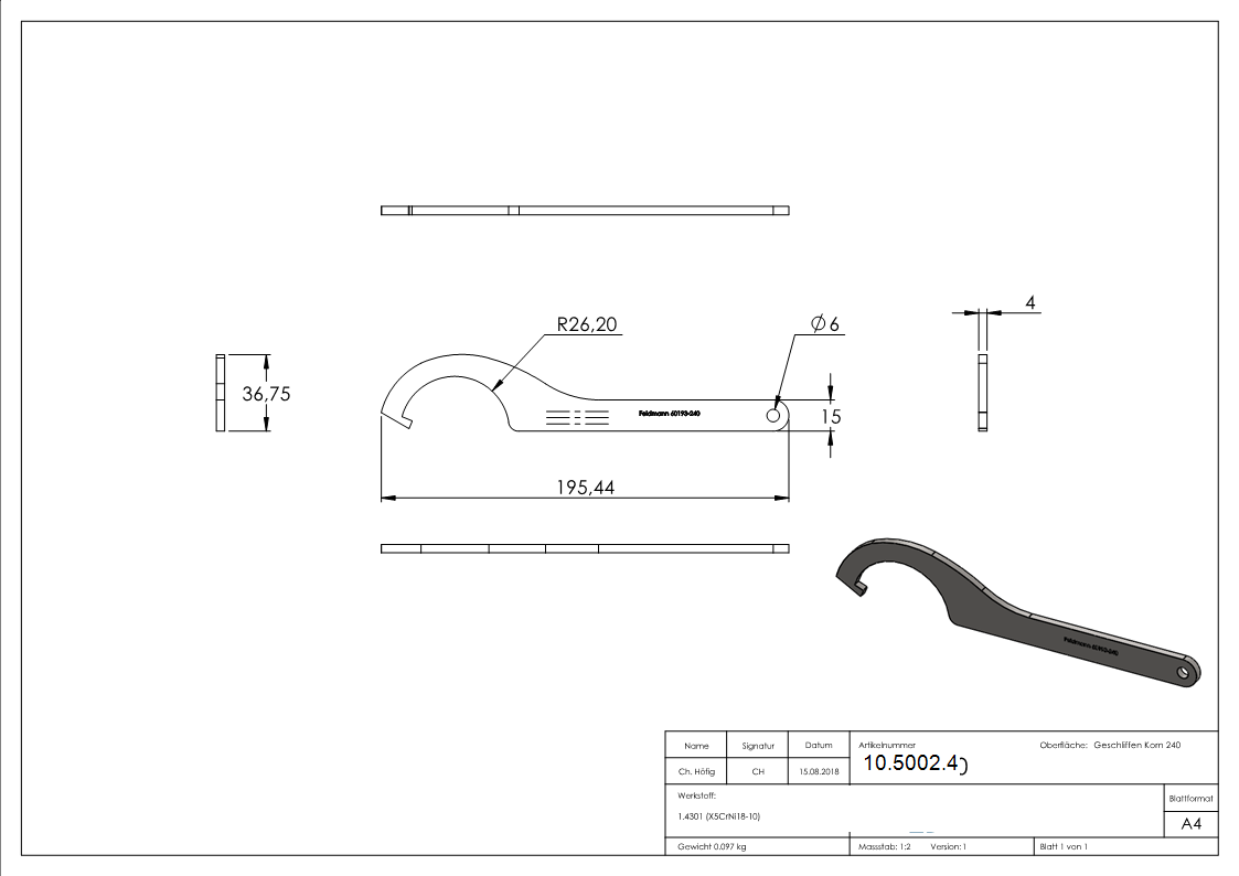 Hakenschluessel fuer Glaspunkthalter Ø 52 mm-10-5002.4