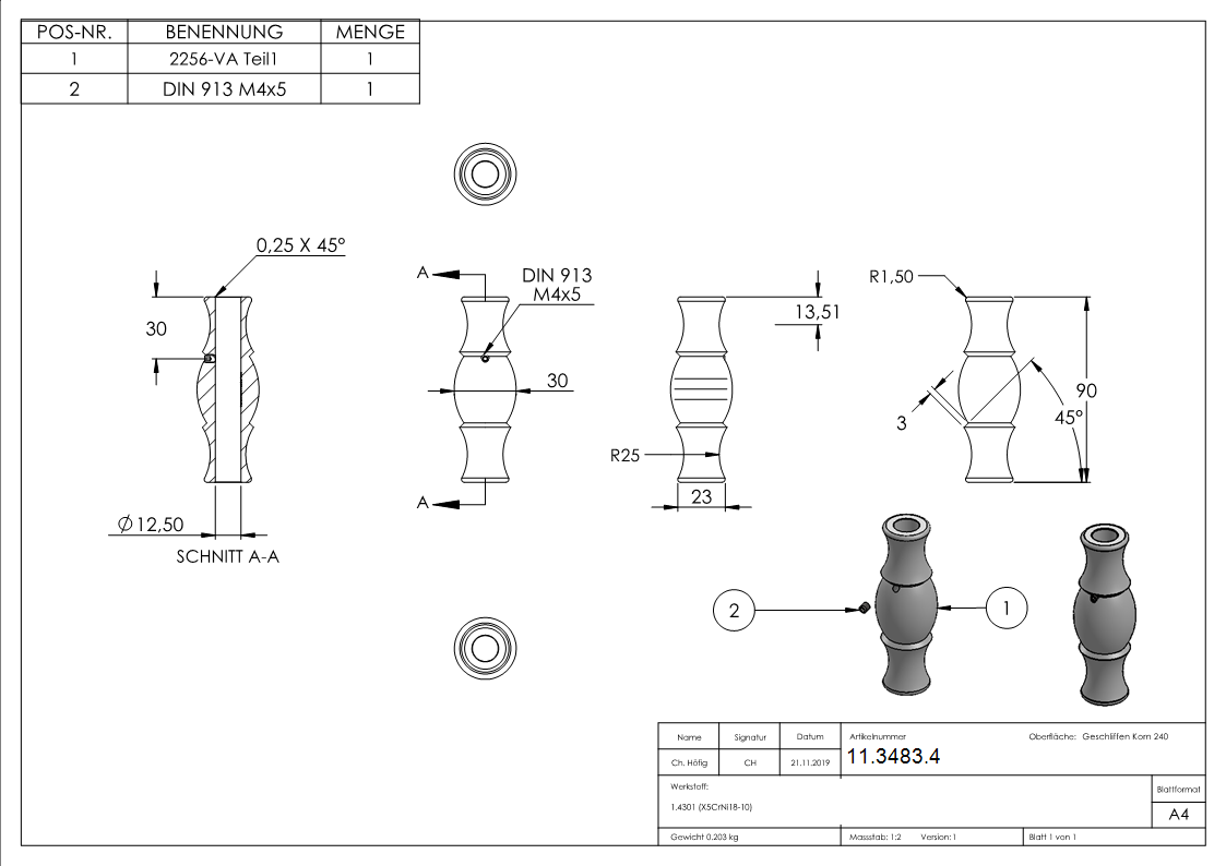 Zierhuelse 90x30 mm mit Bohrung 12-5 mm V2A-11-3483.4