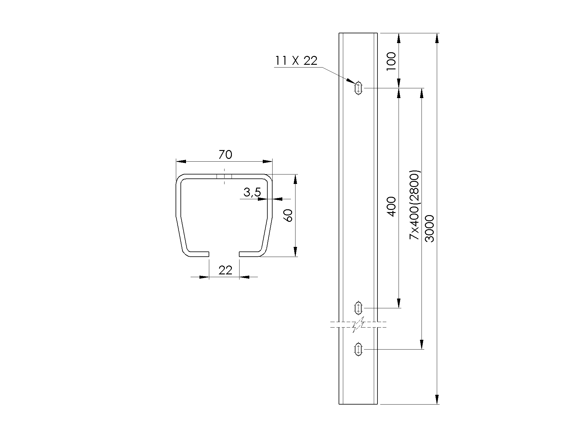 Laufschiene Stahl verzinkt 70 x 60 x 3-5 mm L=3000 mm gelocht-89-11H0270X60ZND3000-A.4