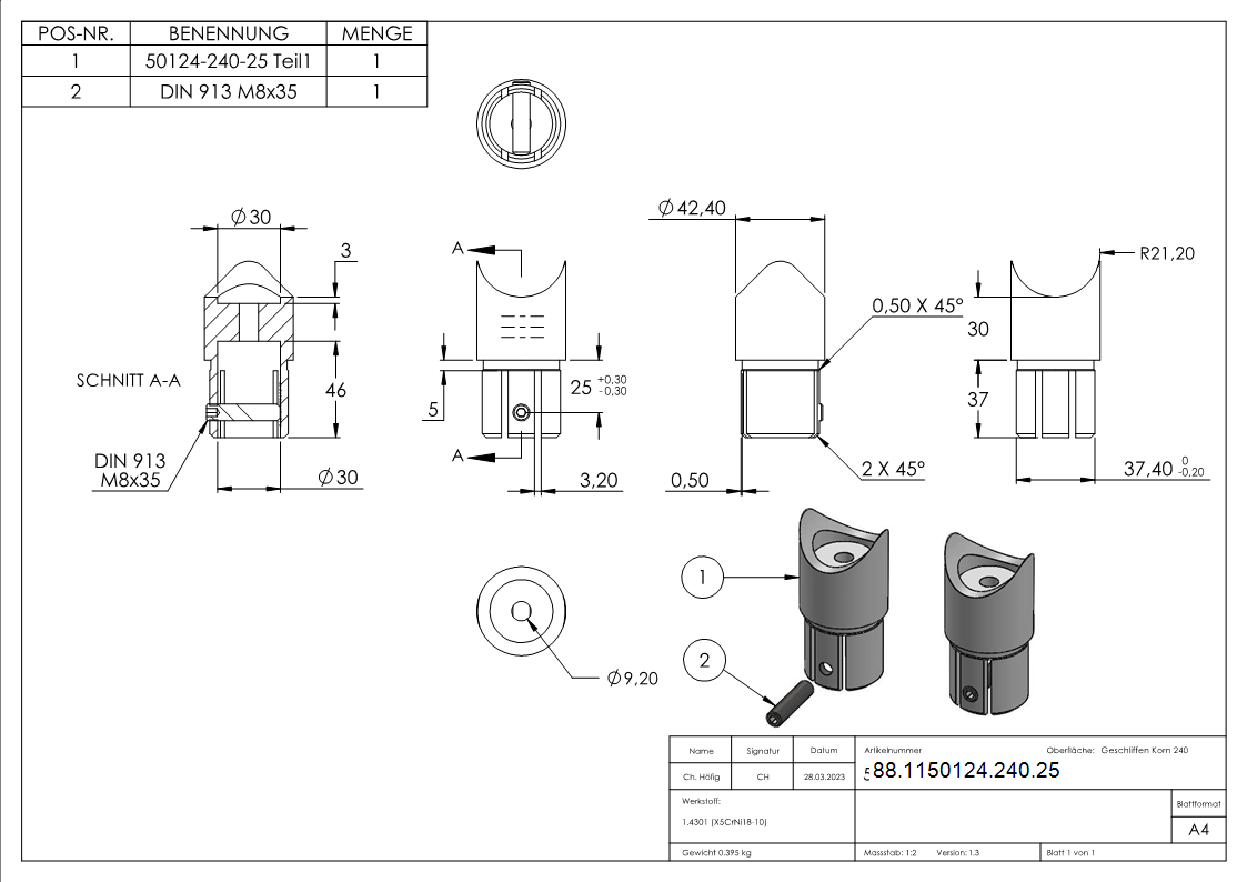 Rohrverbinder 90° V2A fuer Rohr Ø 42-4 mm mit Klemmschraube-88-1150124-240.25
