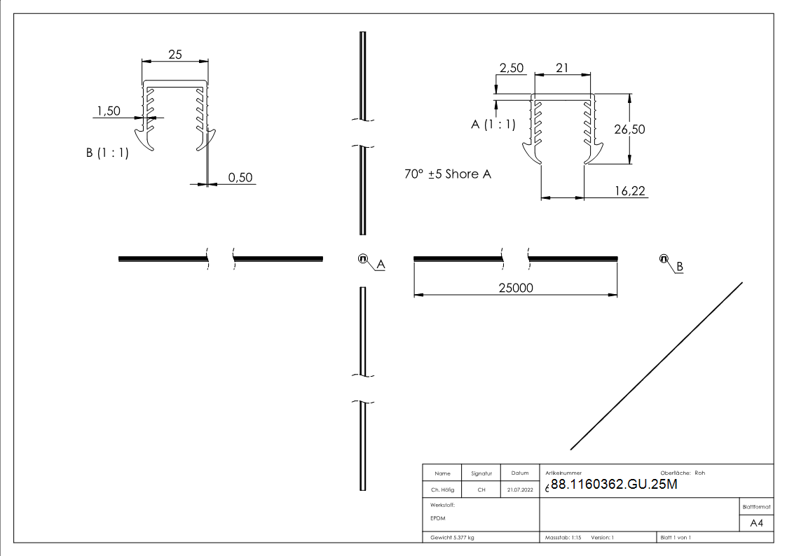 Keildichtung EPDM fuer Glas 16-76–17-52 mm- Nut 24x24 mm- L = 25 m-88-1160362-GU.25M
