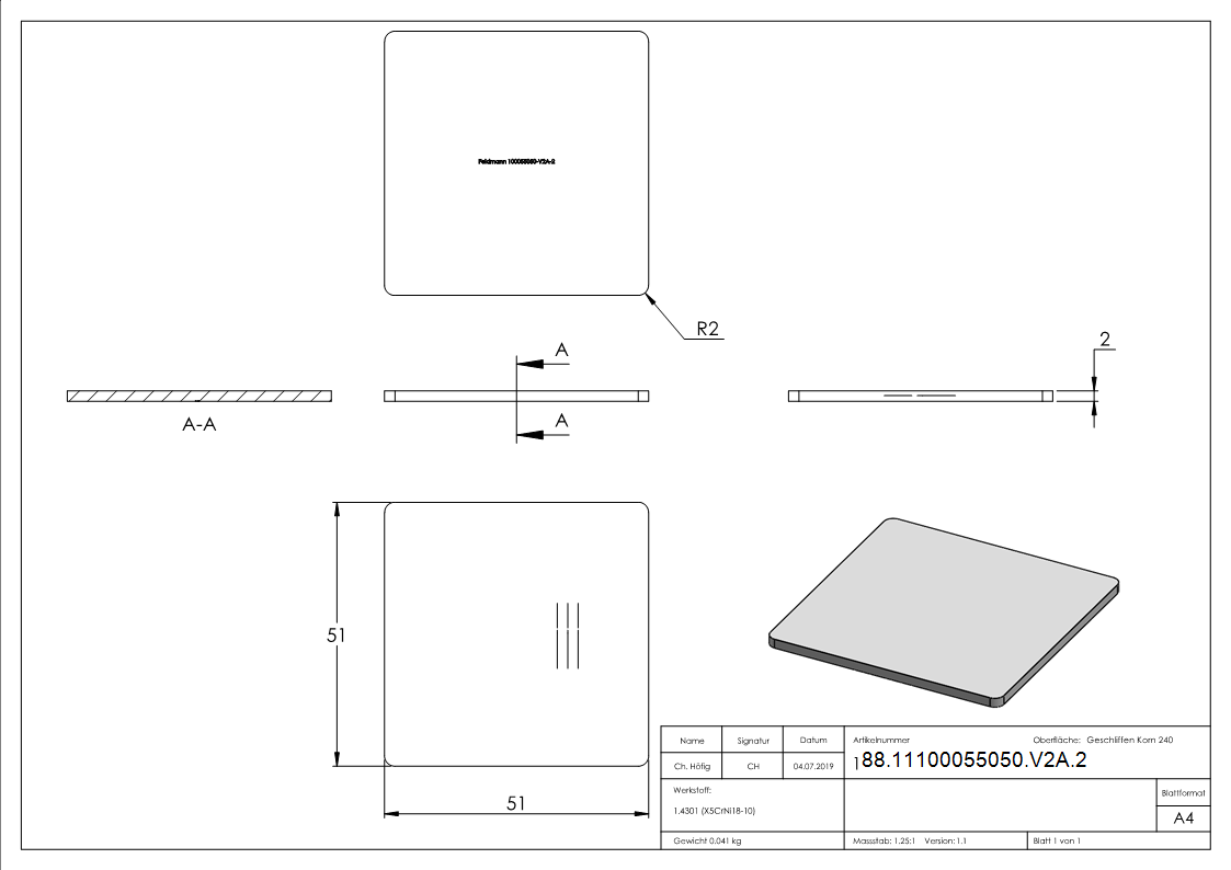 Anschweissplatte Edelstahl V2A 50x50 mm fuer Quadratrohr 2 mm geschliffen-88-11100055050-V2A.2