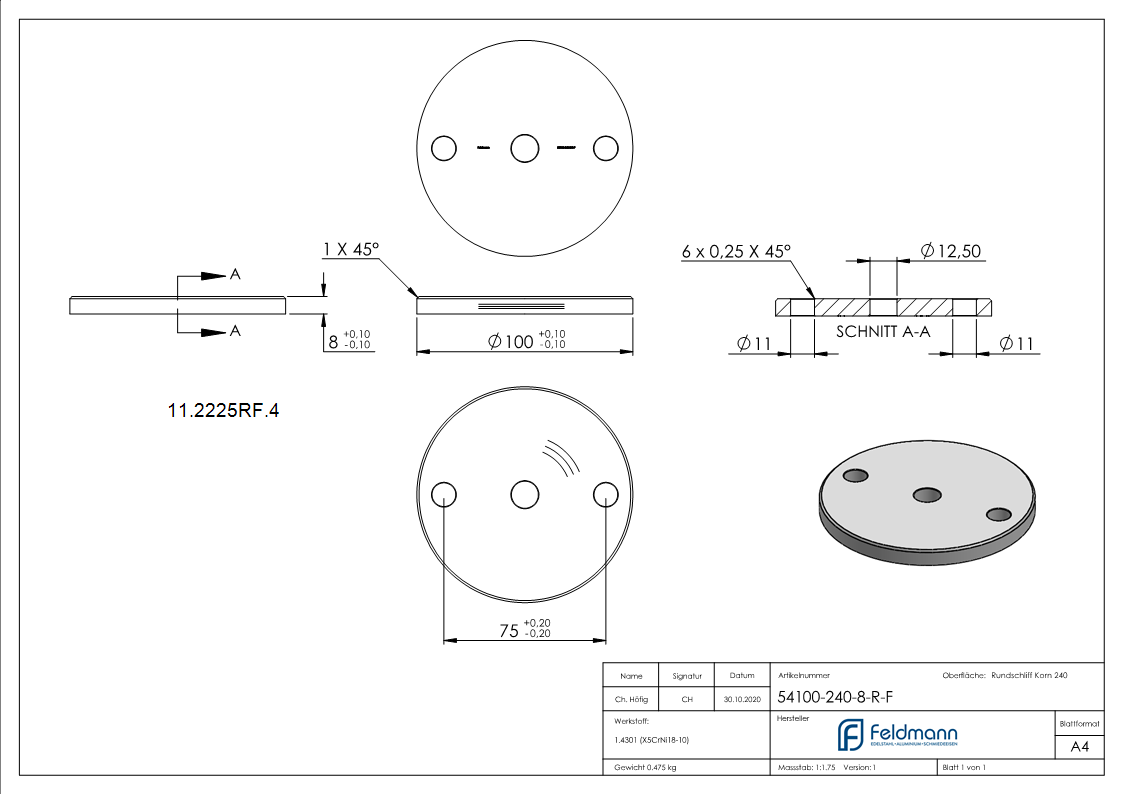 Ankerplatte Ø 100 x 8 mm mit Zentrierbohrung- Ø 12-5 mm V2A-11-2225RF.4