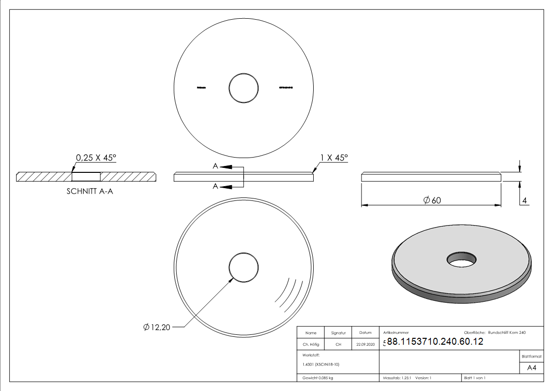 Ankerplatte V2A Ø 60x4 mm Bohrung Ø 12-2 mm Rundschliff Fase-88-1153710-240-60.12