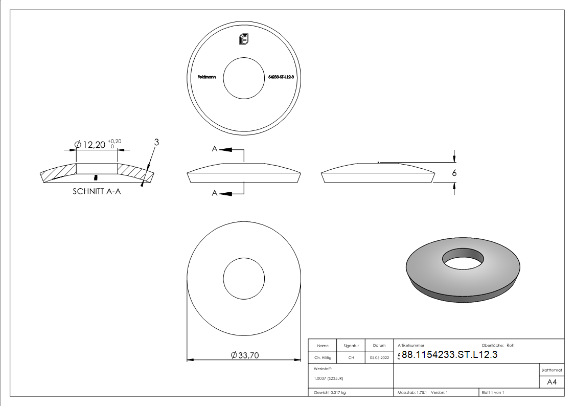 Halbrundschale Stahl roh Ø 33-7 mm Lochung Ø 12-2 mm t=3-0 mm-88-1154233-ST-L12.3
