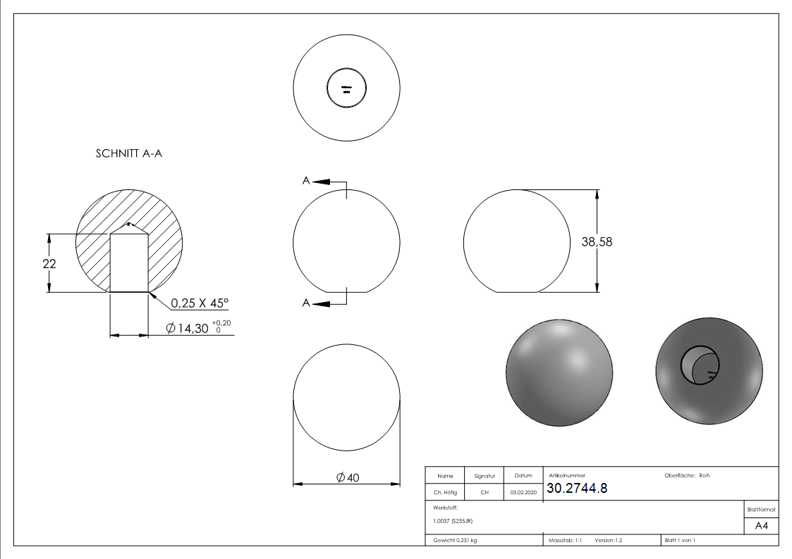 Kugel Ø 40 mm - mit Sackloch 14-2 mm - Stahl S235JR- roh-30-2744.8
