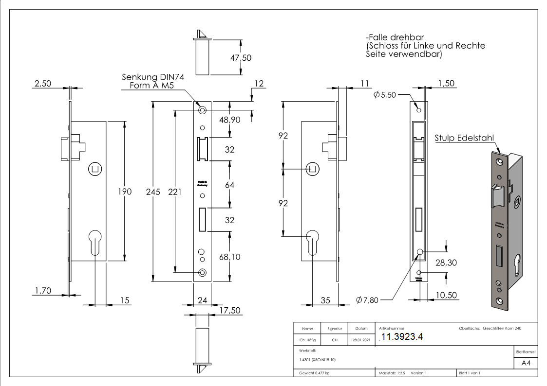 Rohrprofilschloss - Dornmass- 35 mm - Stahl -verzinkt- S235JR-11-3923.4