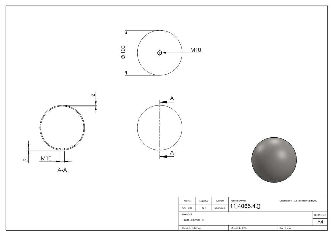 Hohlkugel Ø 100 mm mit Gewinde M10 V2A-11-4065.4