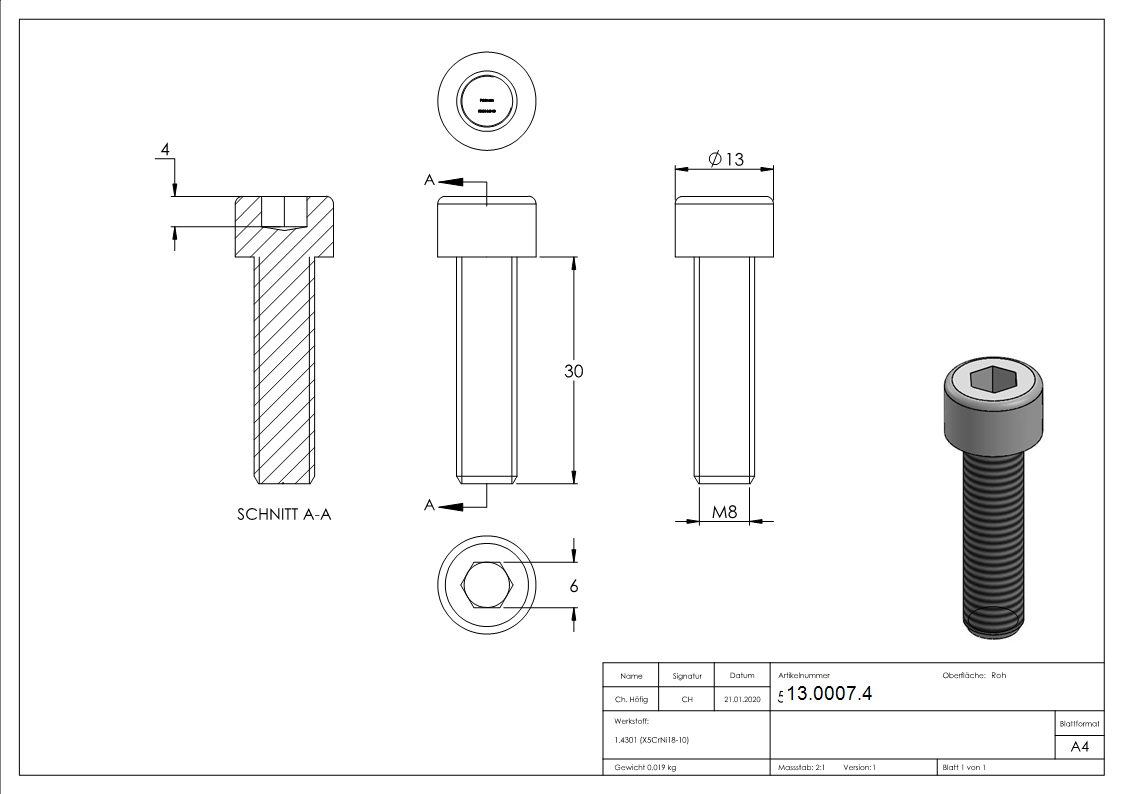 Zylinderkopfschraube M8x30 mm V2A mit Innensechskant-13-0007.4