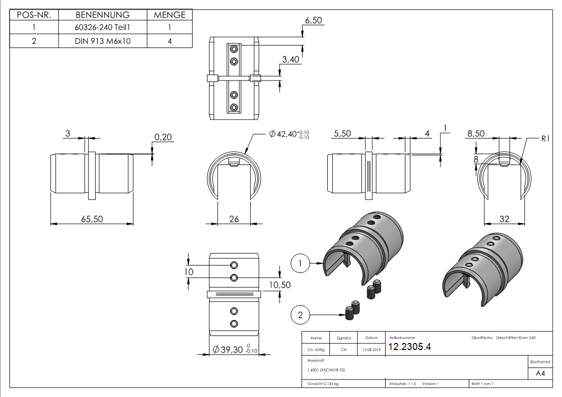 Verbinder - fuer Nutrohr Ø 42-4 mm - V2A-12-2305.4