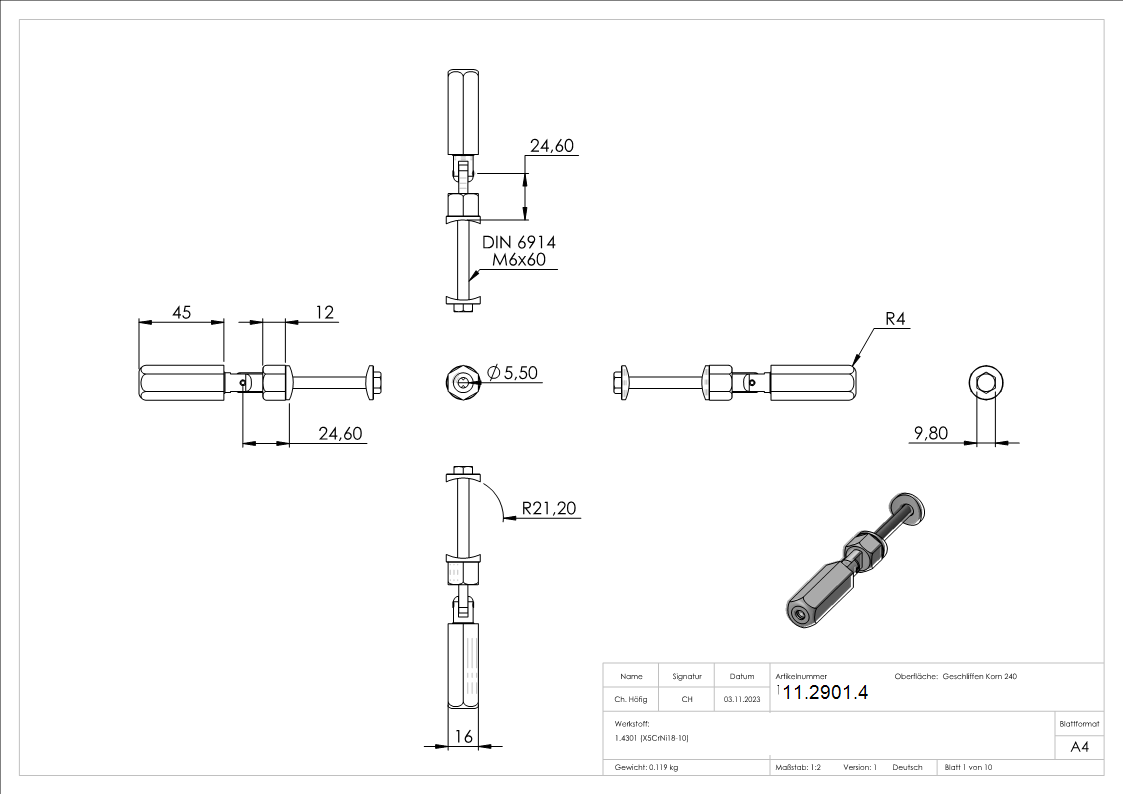 Gewindeterminal mit Gelenk - Fuer Seil Ø 5 mm - zur Selbstmontage fuer Pfosten Ø 42-4 mm - V2A-11-2901.4