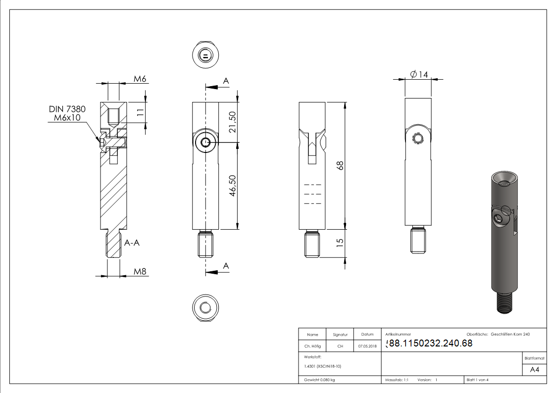 Gelenkstift Edelstahl V2A Ø 14 mm- L = 68 mm- M8 Aussengewinde- M6 Innengewinde-88-1150232-240.68