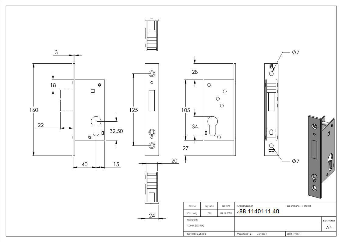 Rohrrahmen-Riegelschloss Zinkdruckguss Dornmass 40 mm Riegelausschluss 22 mm fuer Profilzylinder-88-1140111.40