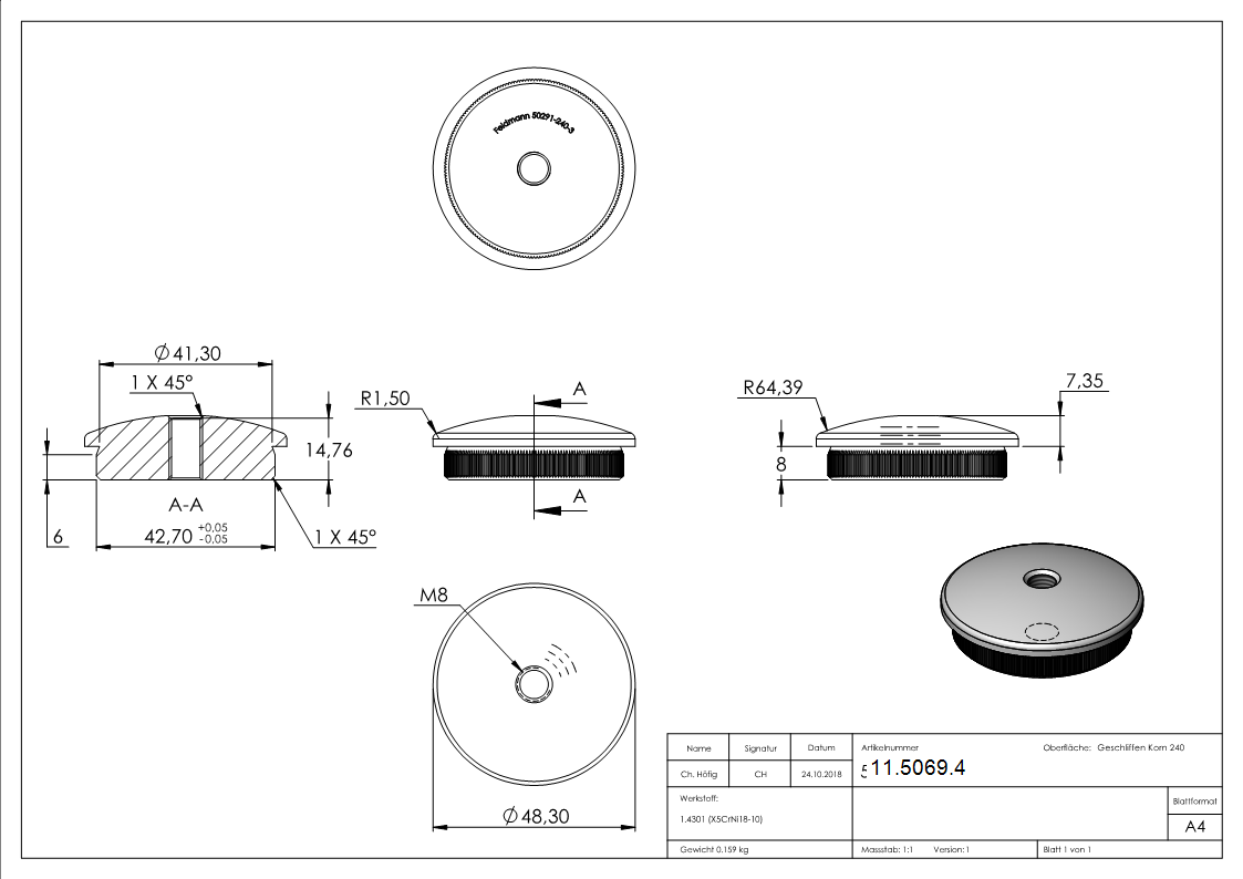 Rohrstopfen fuer Ø 48-3x3-0 mm leicht gewoelbt zum Einschlagen mit M8  V2A-11-5069.4