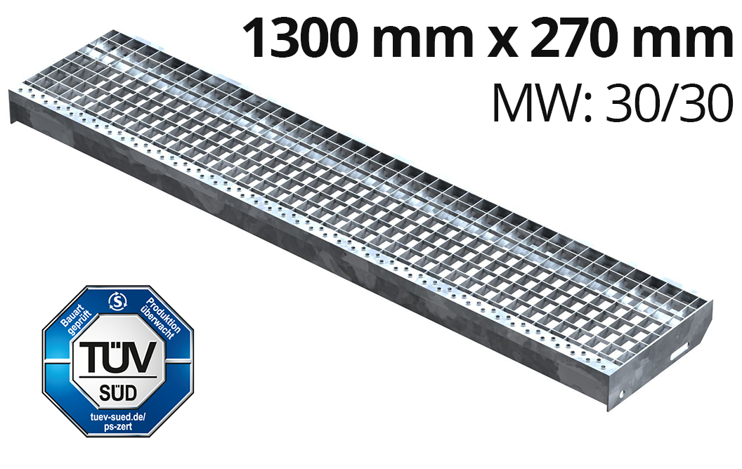 Gitterroststufe Treppenstufe Masse- 1300x270 mm 30-30 mm S235JR -St37-2- im Vollbad feuerverzinkt-40-1302730.7